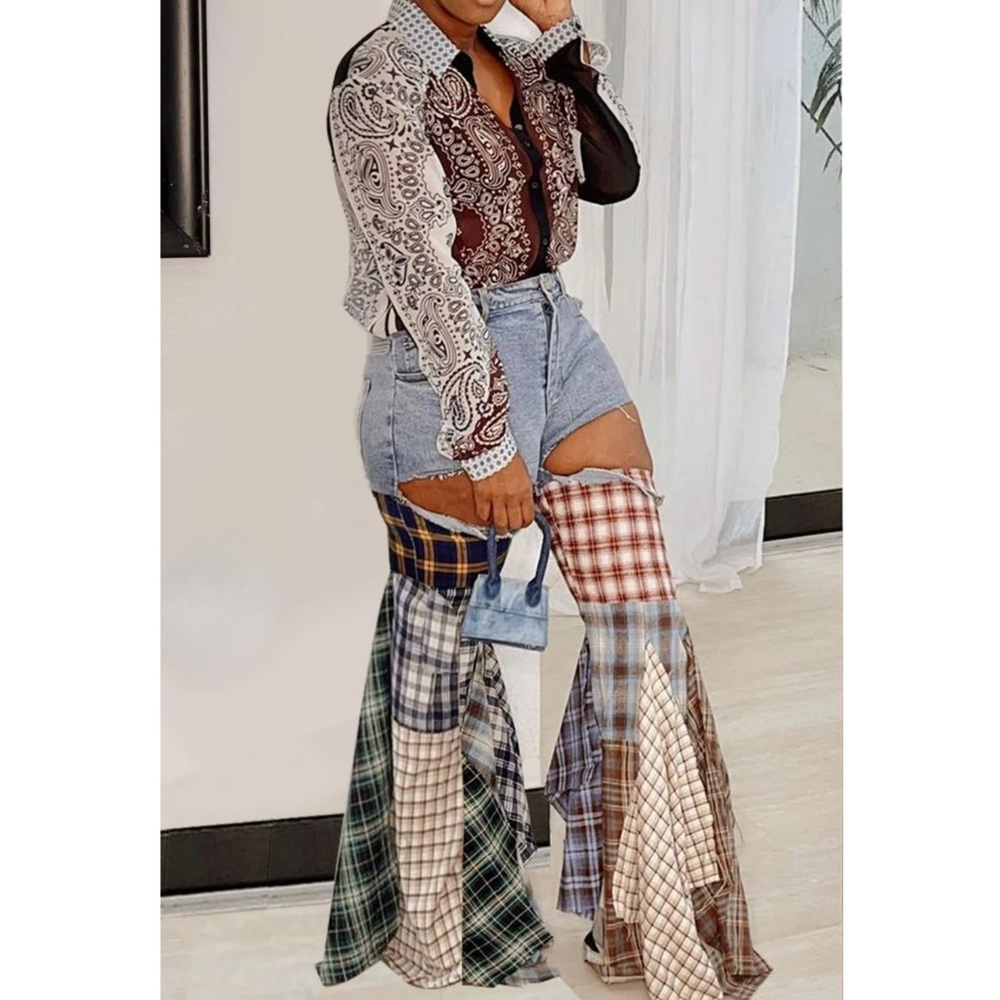 Plus Size 24/4x Plaid Patchwork Flared Denim Pants